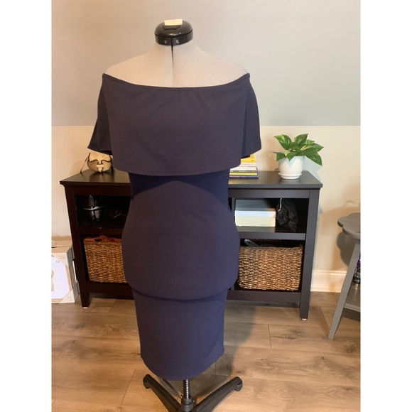 Navy Bardot Frill MIDI Dress - Picture 1 of 4